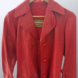 Ledaspain by Gropper Vintage Red Leather Trench Coat Small Red Spain Whipstitch